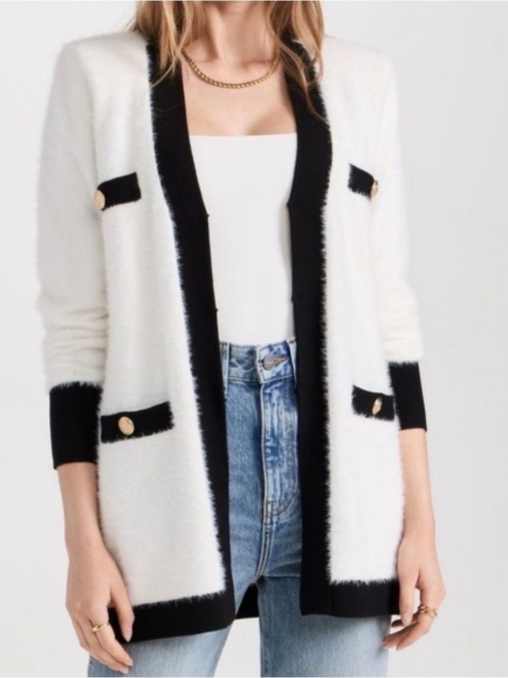 L'Agence Elin White Fuzzy Cardigan with Black Trim NWOT
